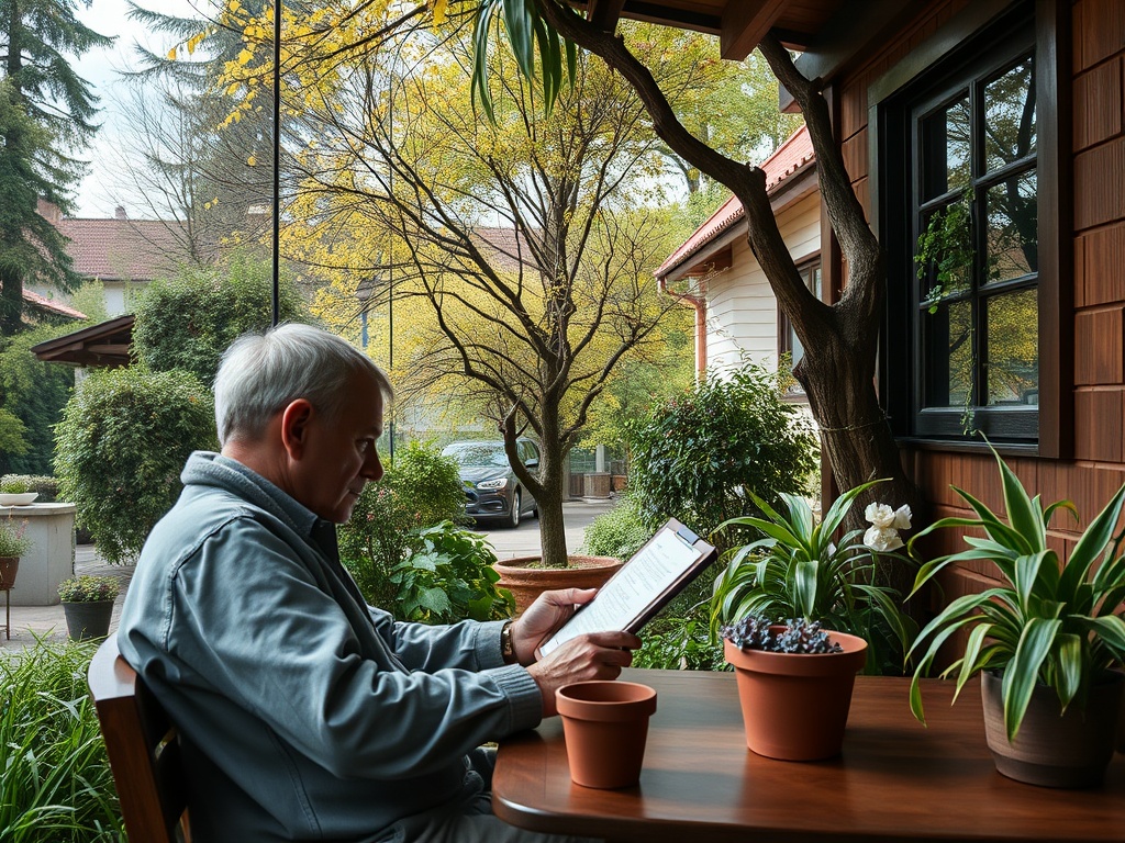 Мужчина читает меню, сидя за столом в уютном помещении с растениями за окном. Осень, листья желтые.
