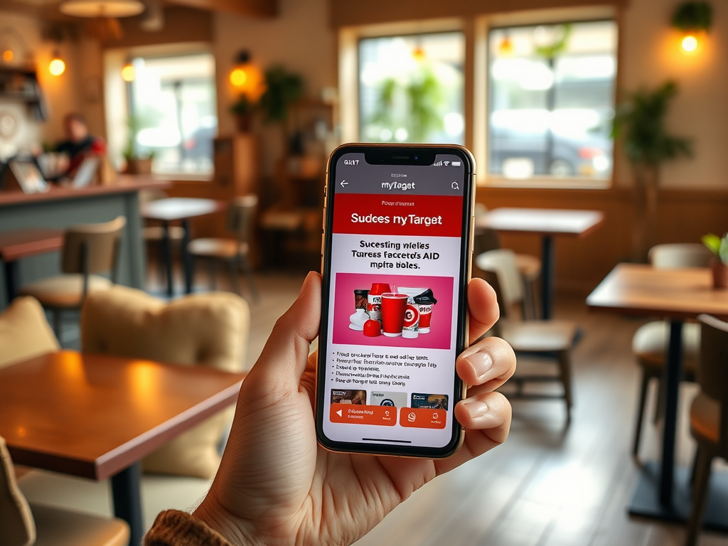 На изображении человек держит телефон с приложением myTarget в уютном кафе.