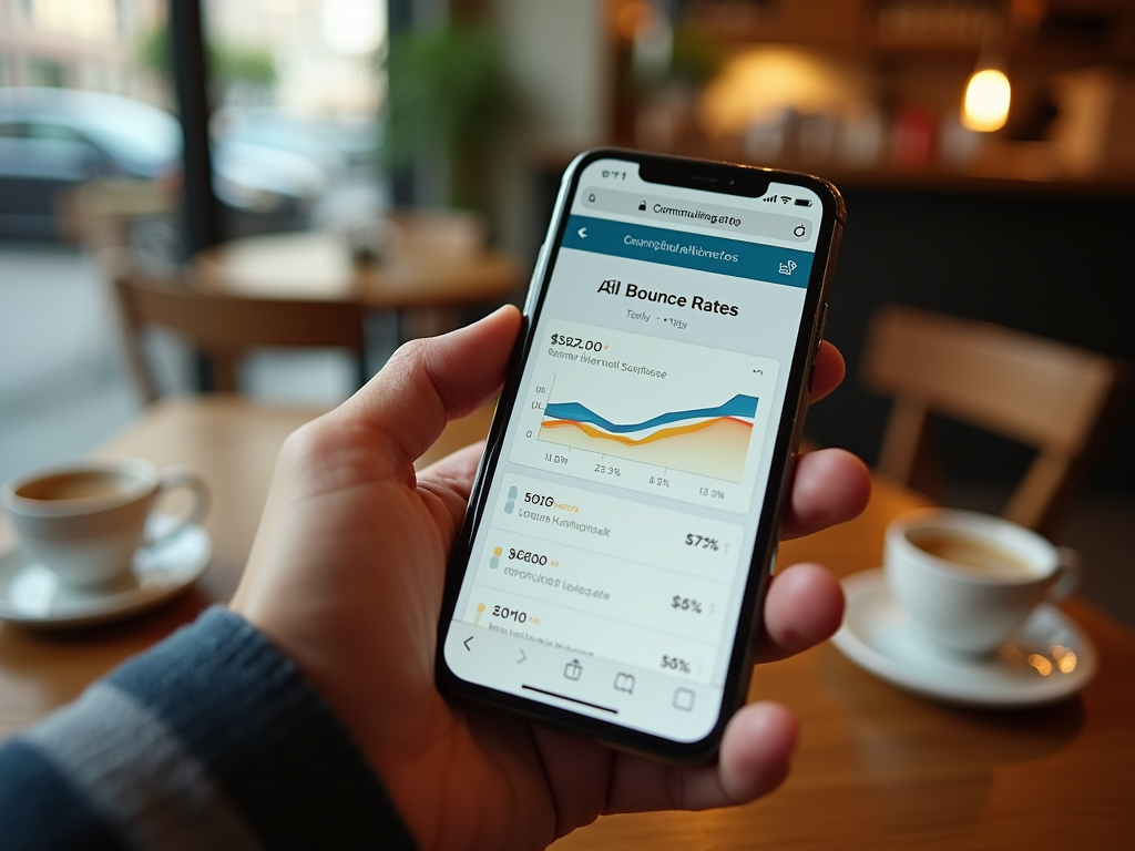 Человек в кафе держит смартфон с графиками финансовых показателей на экране. На столе чашка кофе.