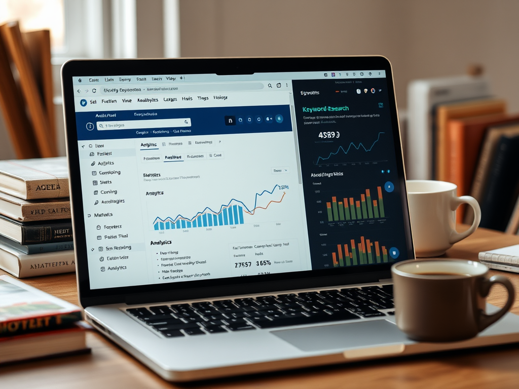 На экране ноутбука представлены аналитические графики и статистики. На столе чашка кофе и книги.