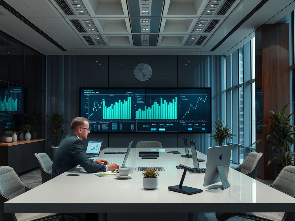 В современном офисе молодой человек работает за столом с ноутбуком и графиками на экране.