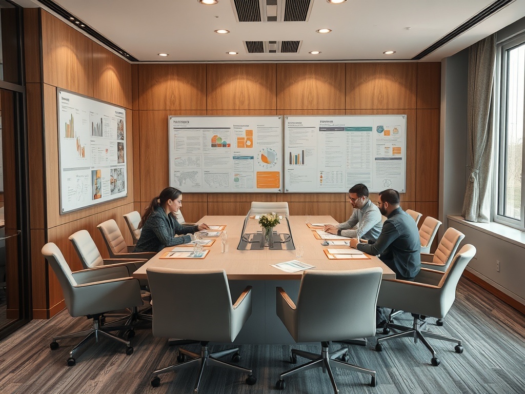 Совещание в современном офисе. Четыре человека обсуждают документы у стола. На стенах графики и отчёты.