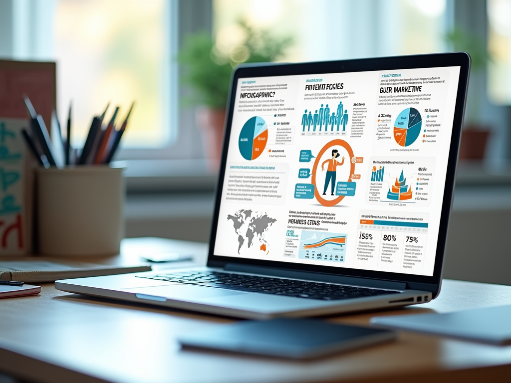 Ноутбук на столе отображает инфографику с графиками и данными.