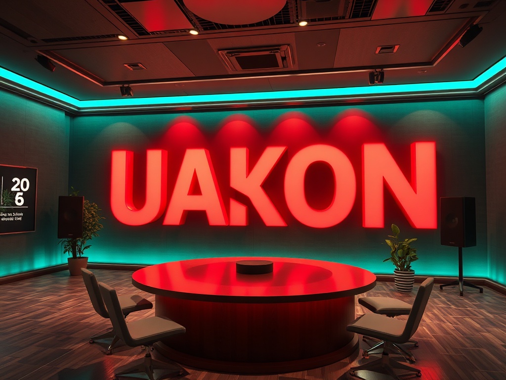 В помещении с яркими светильниками и большими буквами "UAKON" находятся стол и стулья.