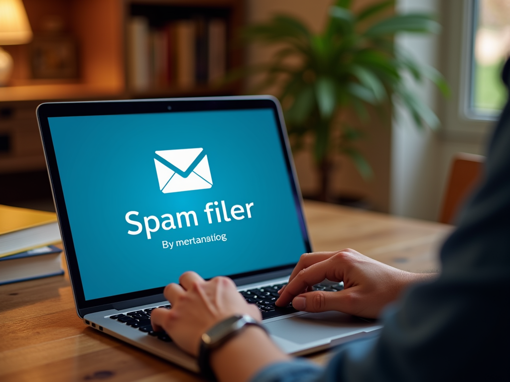 Человек работает на ноутбуке с экраном, где написано "Spam filer" от mertansiog.