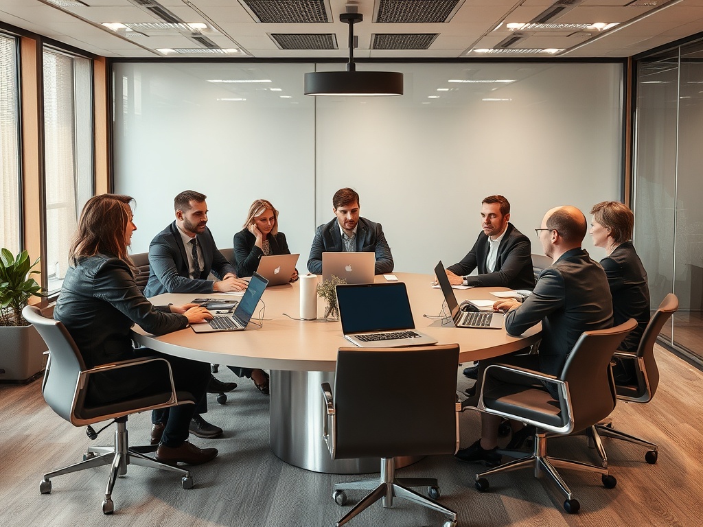 Совещание в современном офисе, участники обсуждают идеи за круглым столом с ноутбуками.