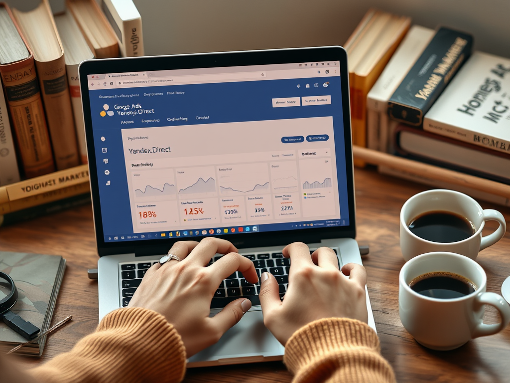 Ноутбук с графиками Yandex.Direct, два кофе, книги на фоне. Человек использует компьютер.