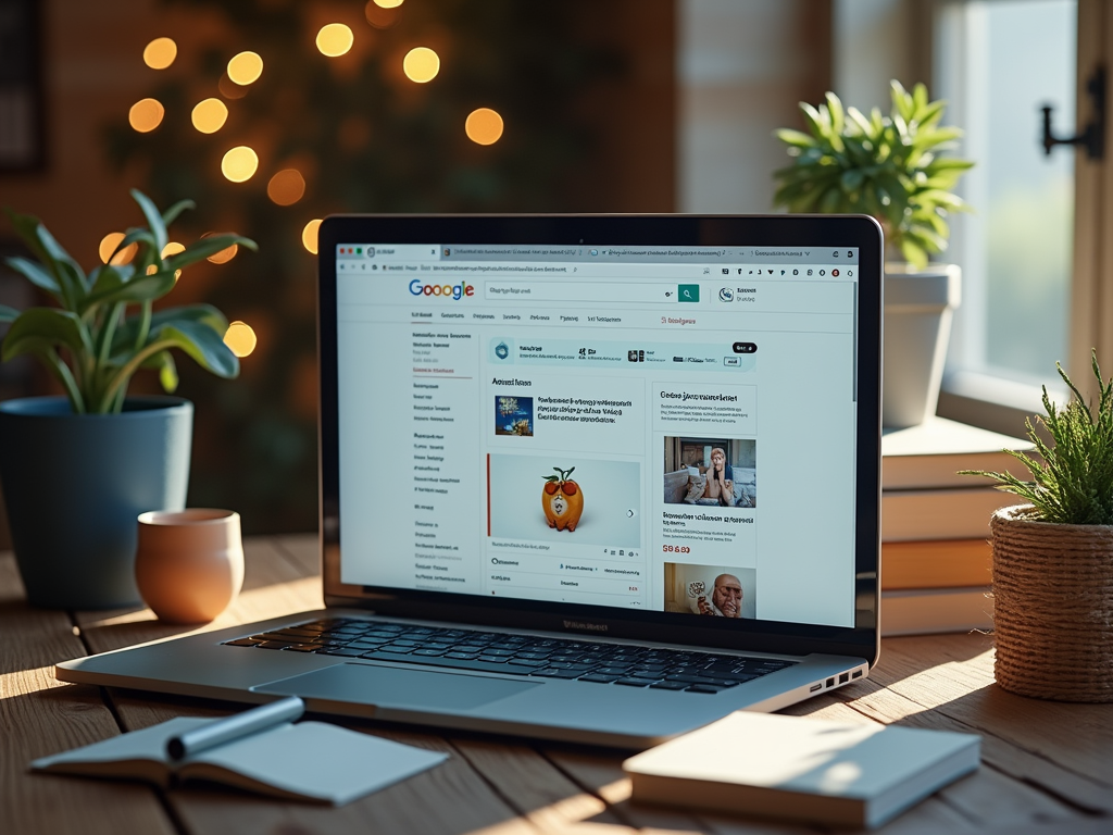 Ноутбук на столе с открытым браузером Google, окружённый растениями и декором, на фоне окна и светов.
