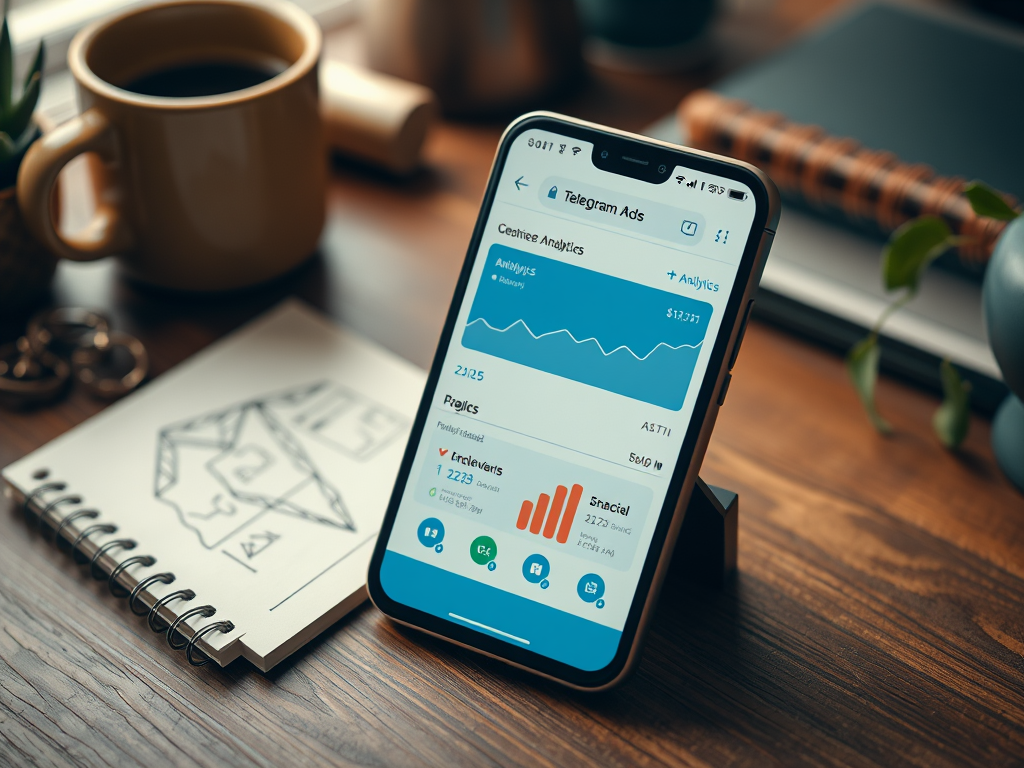 На изображении смартфон с аналитикой рекламы в Telegram на столе рядом с кружкой и блокнотом.