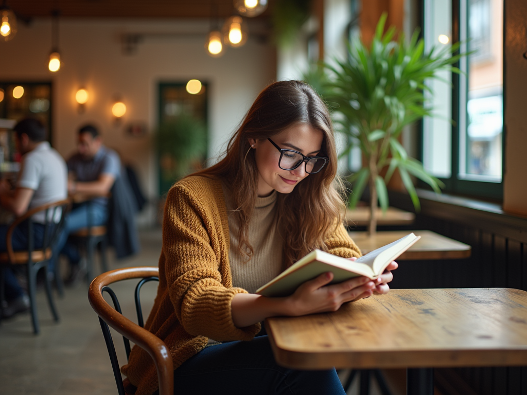 Женщина в очках читает книгу в кафе, на заднем плане размыто видны другие посетители.