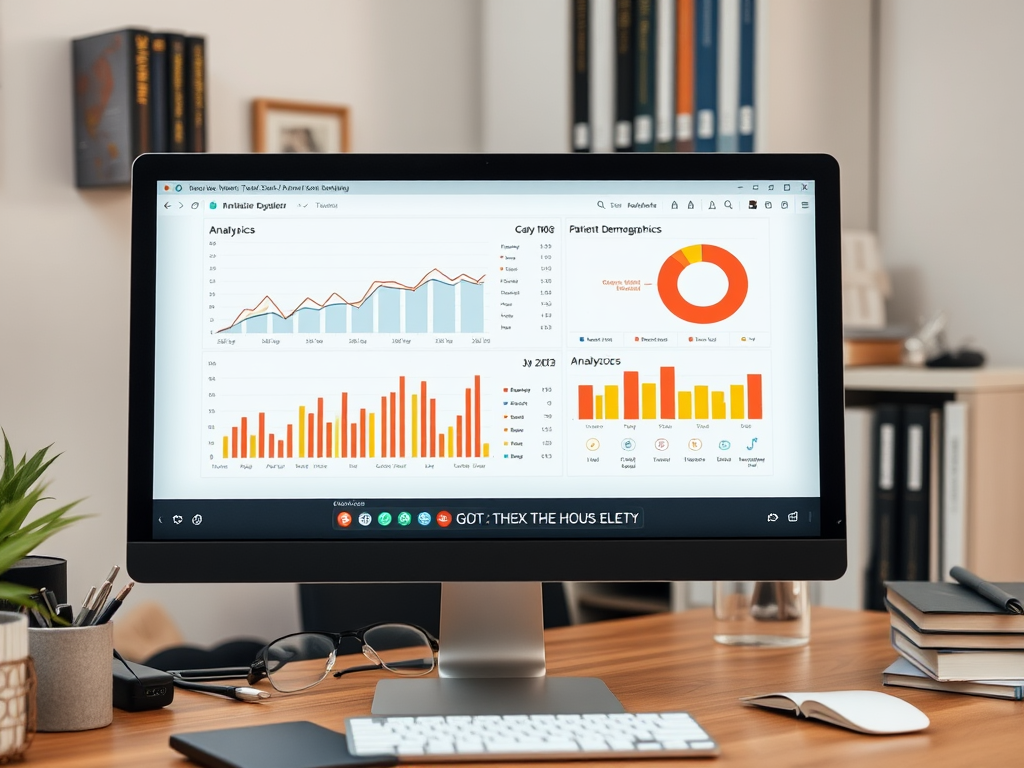 Экран монитора с графиками и диаграммами аналитики и демографии пациентов в офисной обстановке.