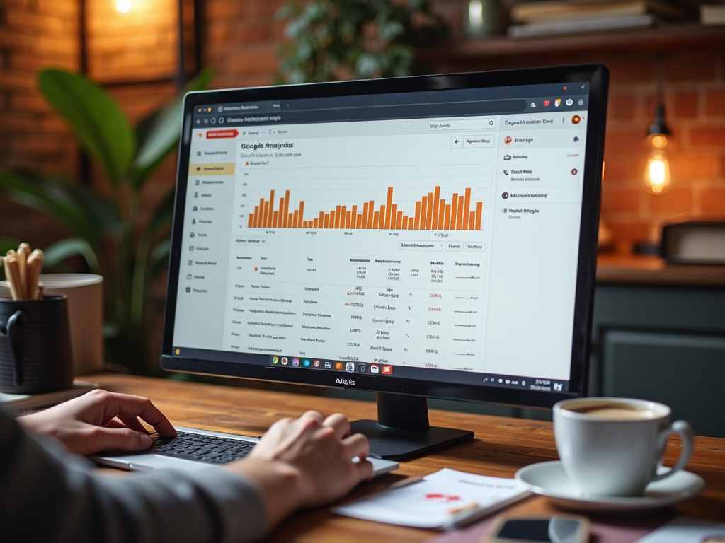 Экран компьютера с открытым Google Analytics, руки пользователя за клавиатурой, стакан кофе на столе.