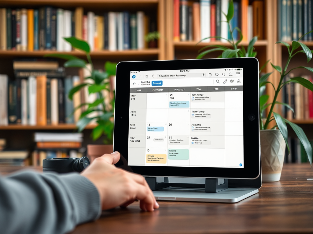 На изображении видно, как человек использует планшет на столе с планом занятий и книгами на фоне.