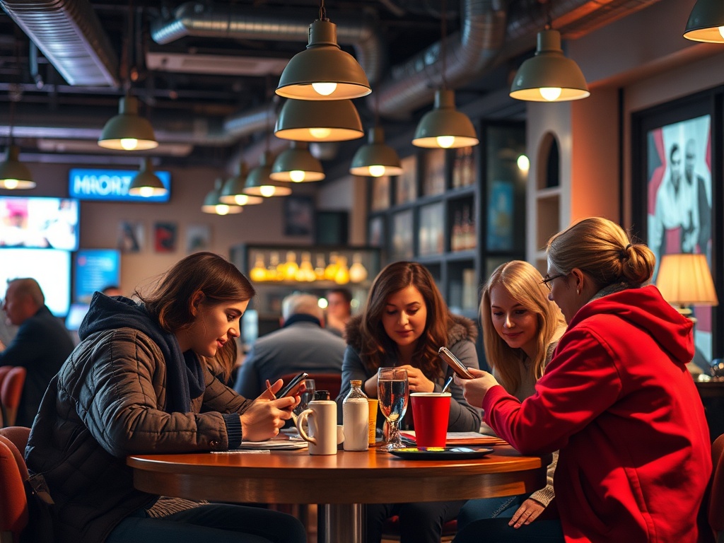 Четыре девушки в кафе, они обсуждают что-то и используют телефоны, вечерняя атмосфера.