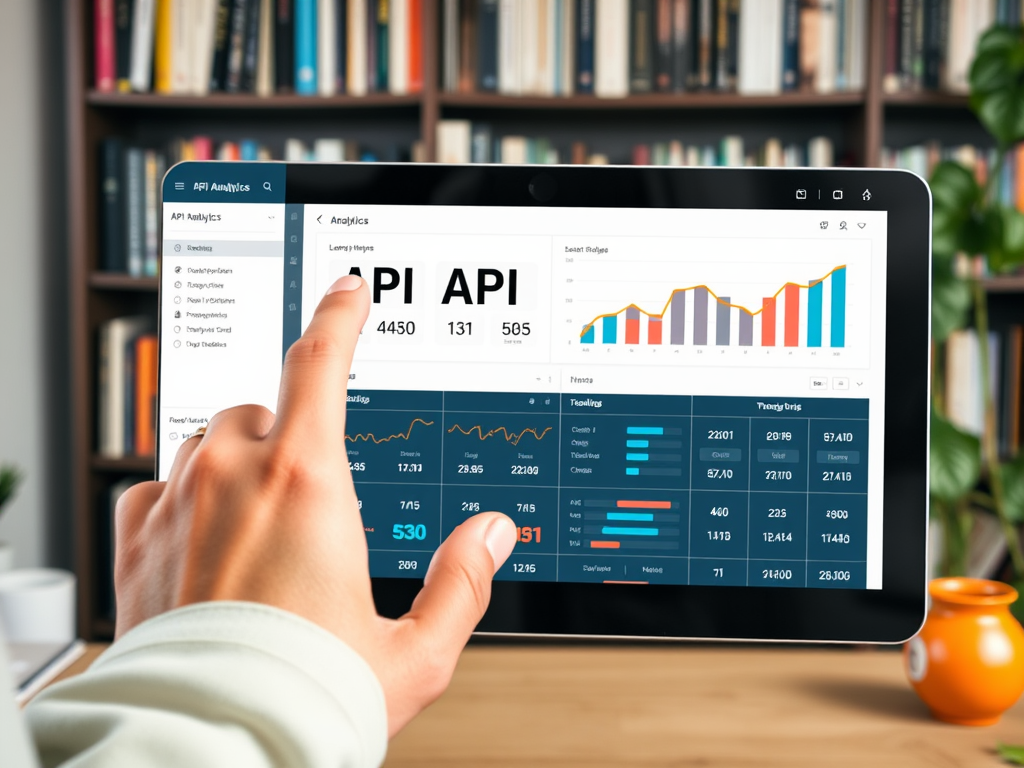 На планшете отображаются анализы API с графиками и данными о производительности. Рядом книжные полки.