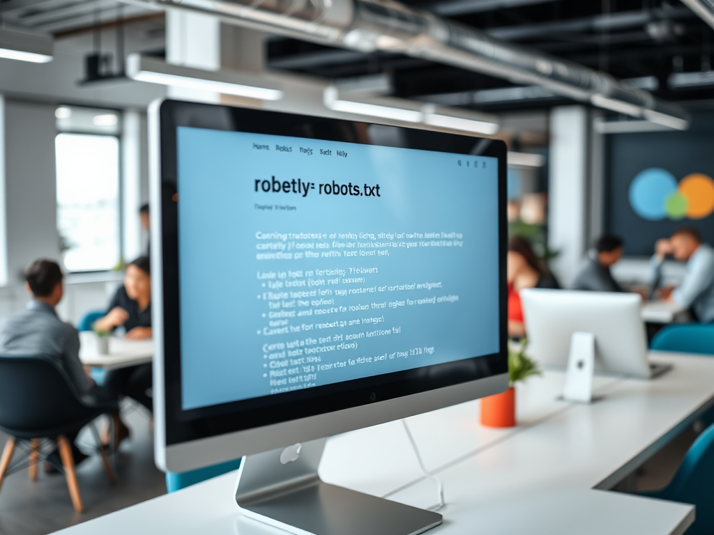 На мониторе видно содержимое файла robots.txt и офисные сотрудники за столом.