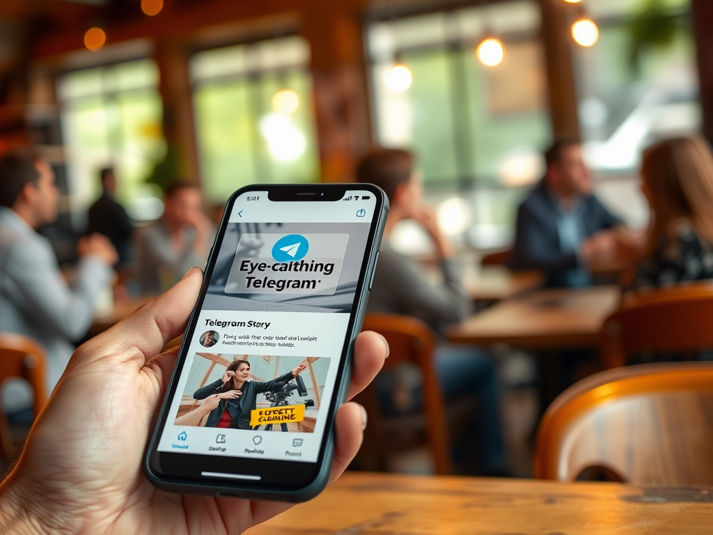На экране смартфона открыта страница Telegram с заголовком "Eye-catching Telegram" и историей.