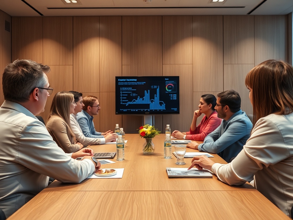 На деловой встрече группа людей обсуждает графики и данные на экране. Стол накрыт для презентации.