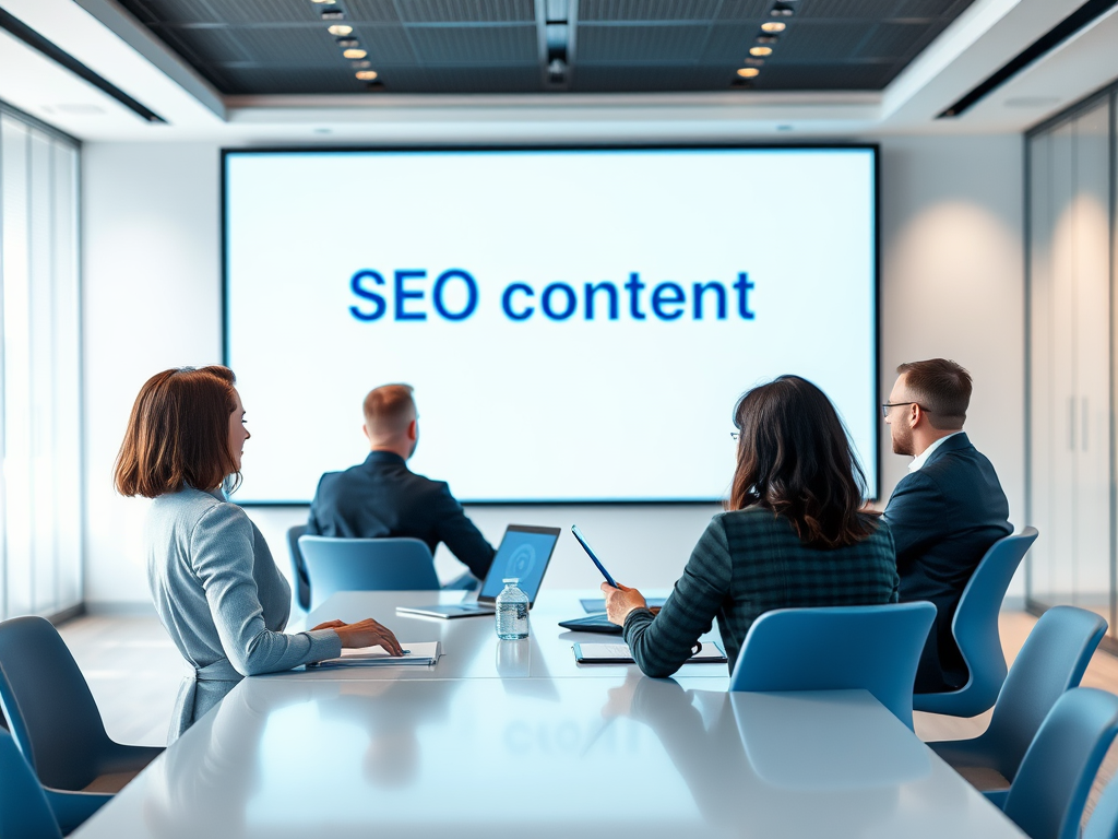 На встрече обсуждают темы SEO на фоне слайда с текстом "SEO content".