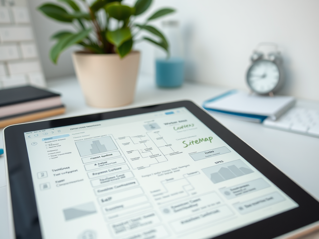 На планшете изображена схема сайта с текстами и элементами, расположенными на светлом фоне.