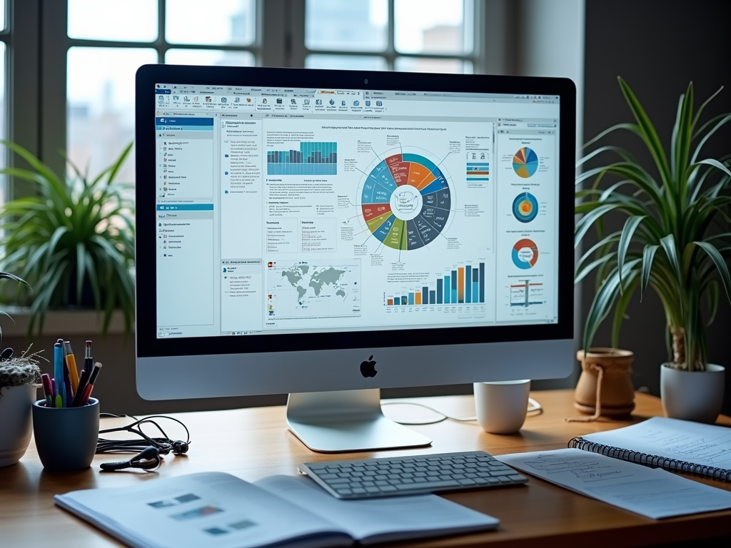 Рабочее место с iMac, показывающим диаграммы и графики на экране в светлом офисе.