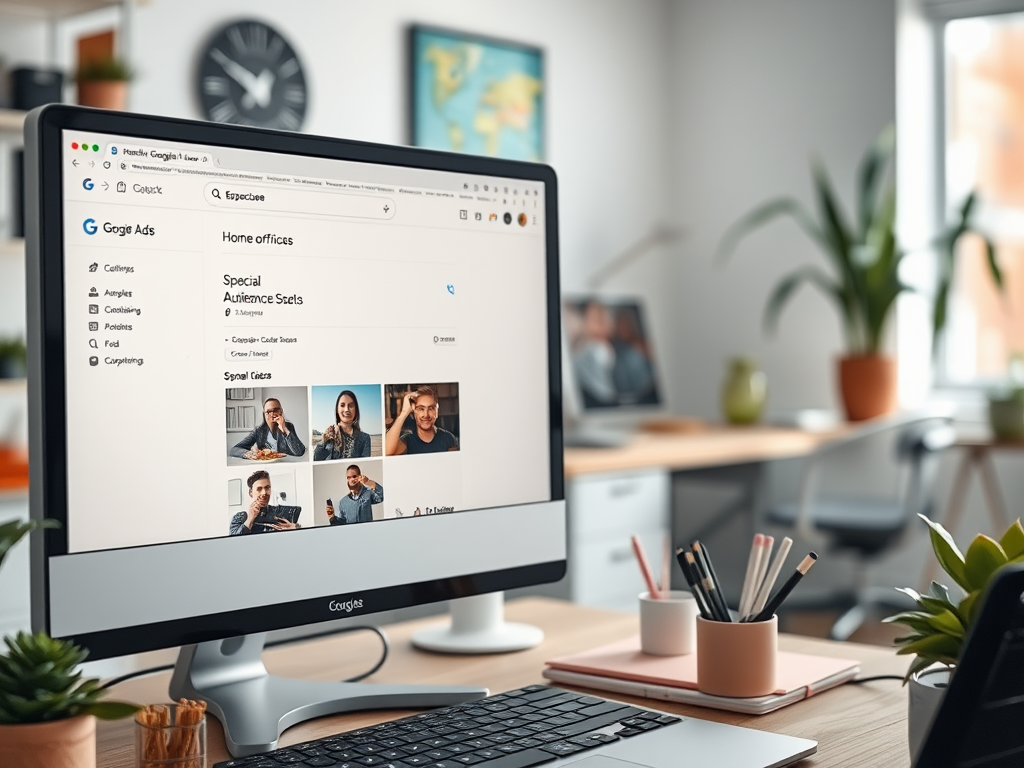 Изображение рабочего стола с компьютером, открытым на странице Google Ads для домашних офисов.