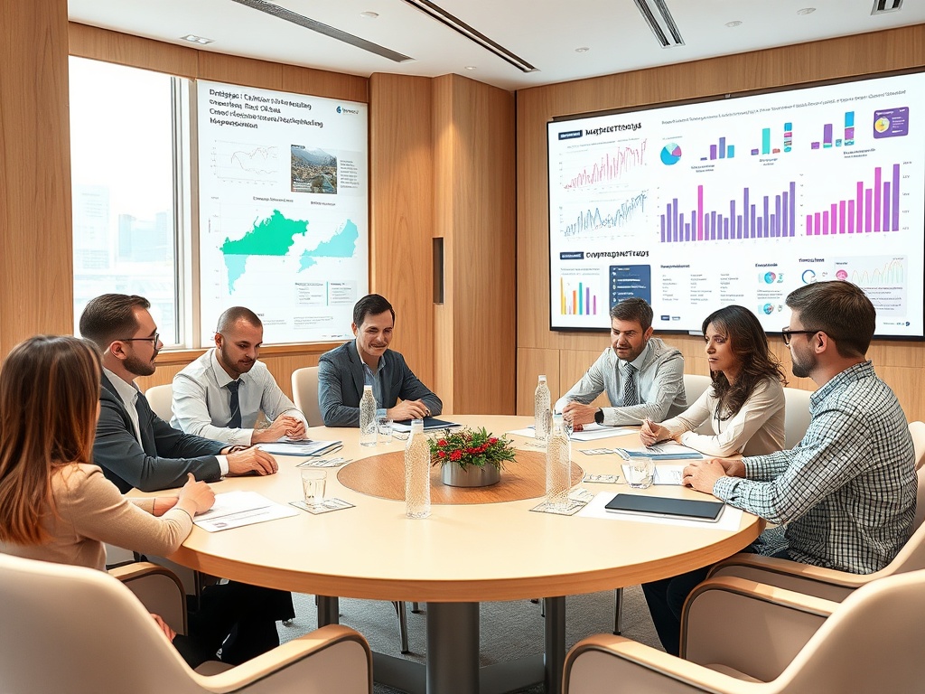 На собрании обсуждают данные и графики, представленные на экранах. Участники активно взаимодействуют.