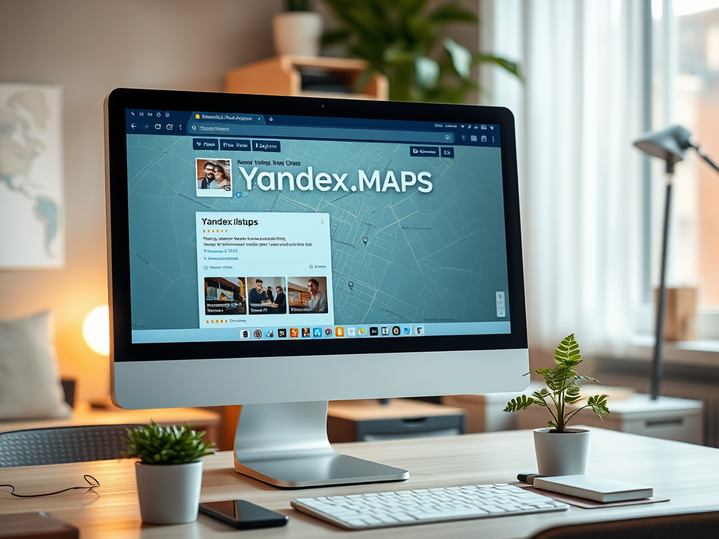 На экране компьютера открыт сайт Yandex.MAPS с картой и отзывами о заведениях. Офисный интерьер.